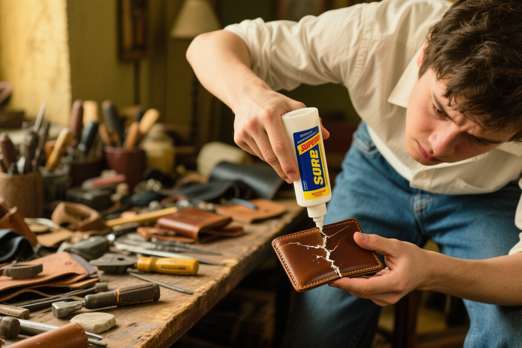 applying glue to leather